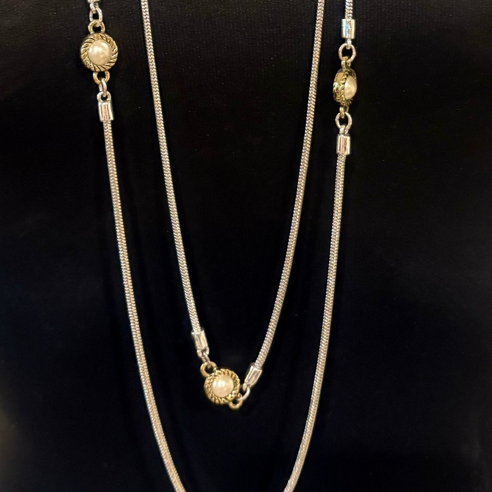 Silver and Gold Chain Necklace with Pearl Accents